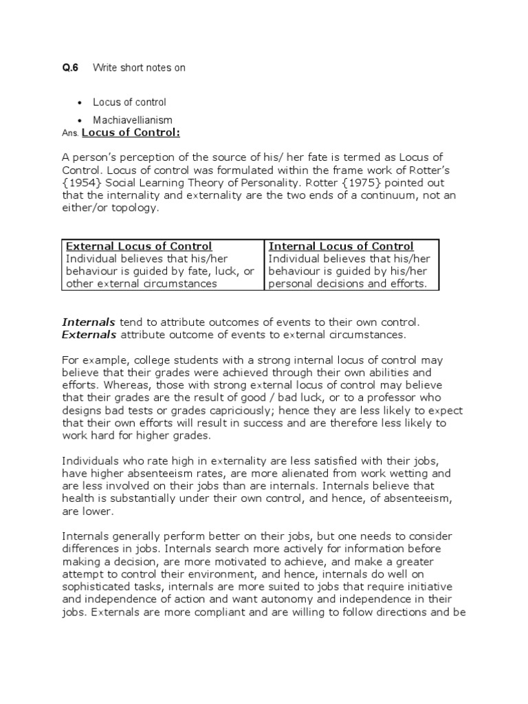 Write Short Notes On Locus of Control | PDF | Action (Philosophy ...