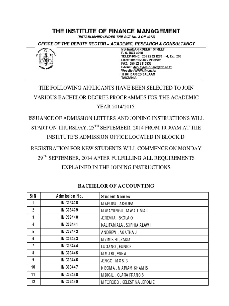 Selected Students at IFM For Bachelor Degree Programmes 2014-15 | PDF