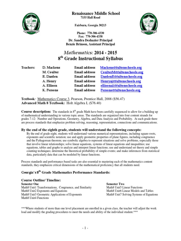 syllabus 8th grade math 20142015 Physics & Mathematics Mathematics