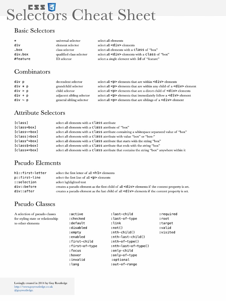 Css Selectors Cheat Sheet | PDF