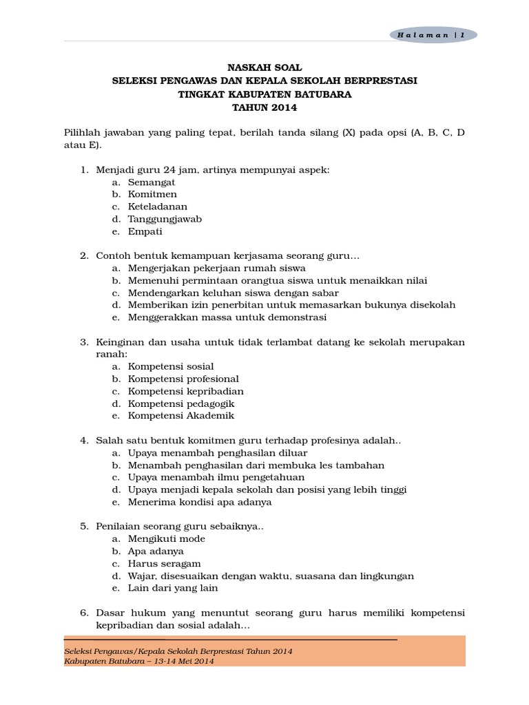 Naskah Soal Tes Pemahaman Wawasan Kependidikan Pemilihan Guru Prestasi