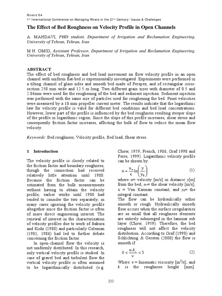 Bed Roughness Effects on Flow Velocity | PDF | Sediment | Surface Roughness