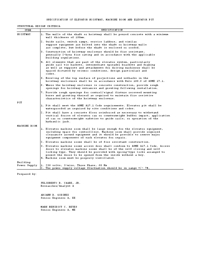 Spec of Hoistway & Pit Elevator Elevator Machines