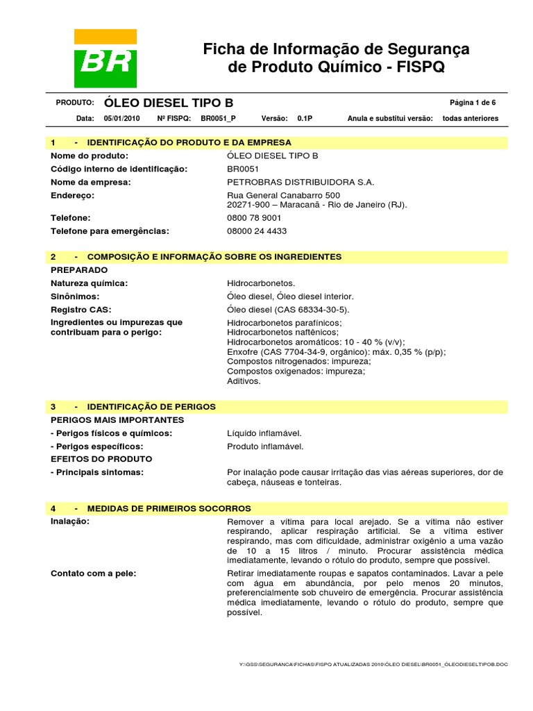 FISPQ Óleo Diesel Tipo B | PDF | Diesel | Química
