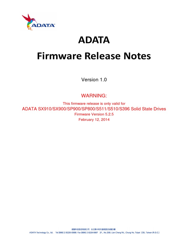 ADATA Firmware 5 2 5 Release Notes - V1 0 | PDF | Computers