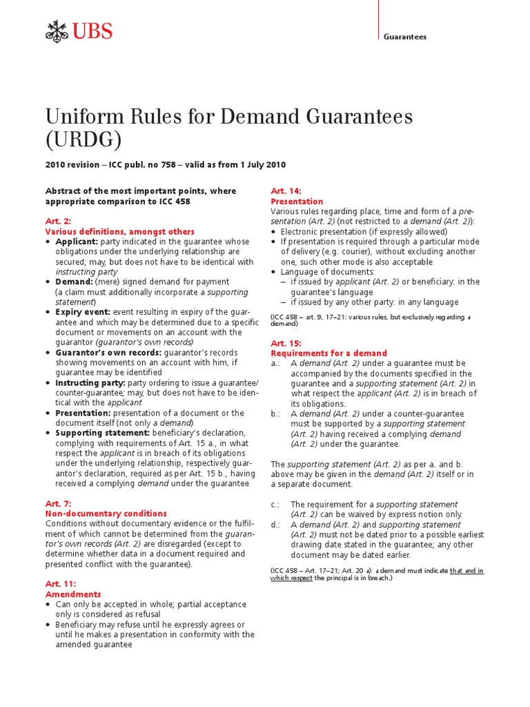 UBS URDG | Guarantee | Indemnity