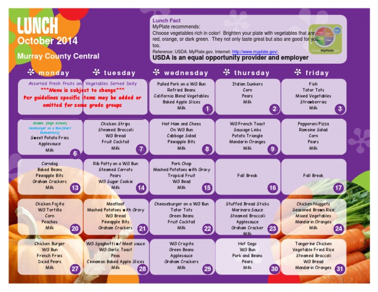 October 2014 School Lunch Menu | PDF | Cooking, Food & Wine | Wellness