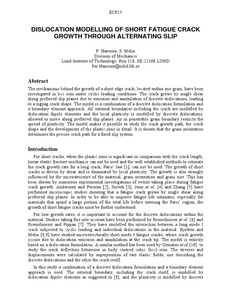 Dislocation Modeling of Short Crack Growth | PDF | Dislocation ...