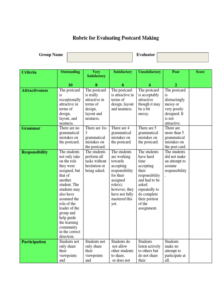 Postcard Making Evaluation Rubric | PDF | Self-Improvement | Wellness
