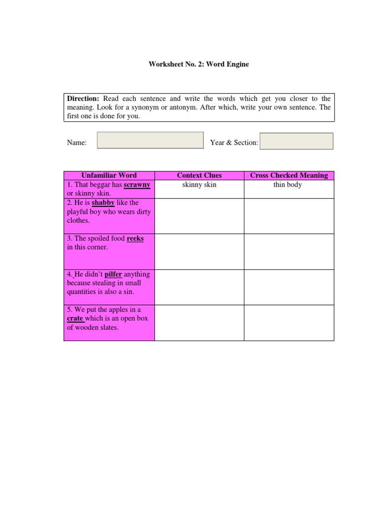 Worksheet No 2 Word Engine