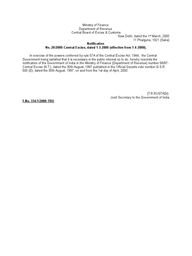 Central Excise Notification Rescission 2000 | PDF