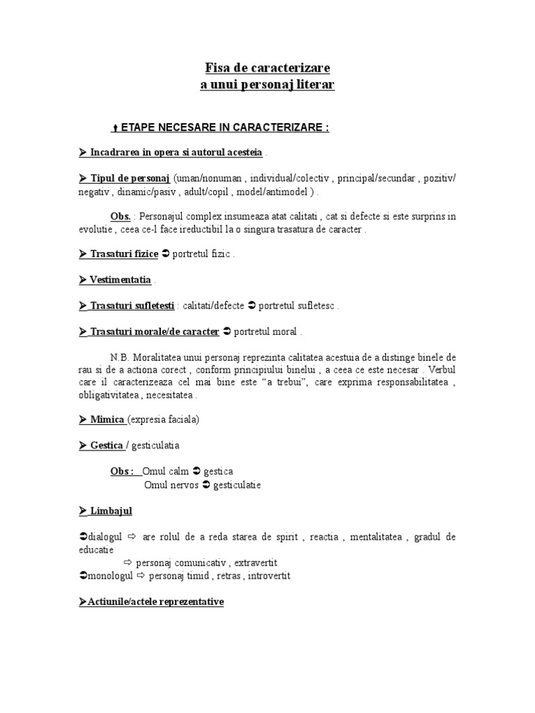 Caracterizarea Unui Personaj Literar | PDF