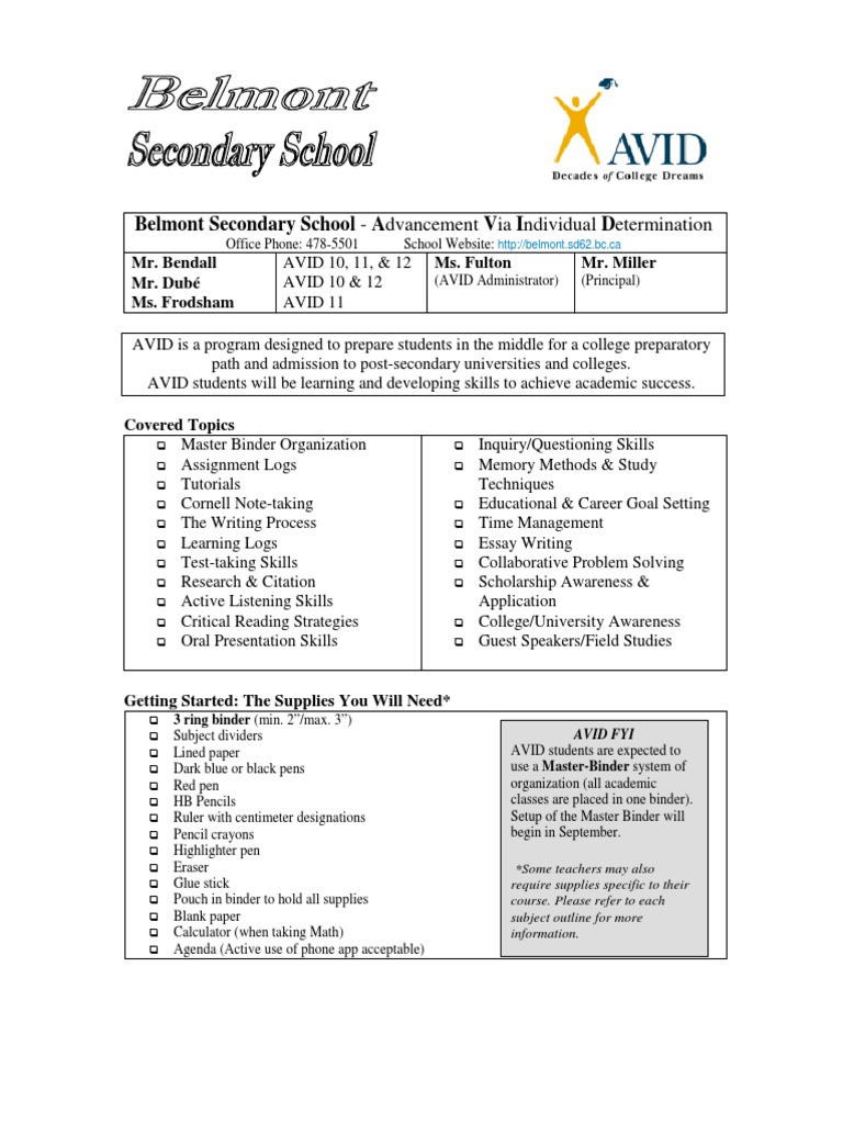 Avid Outline Supply List Belmont Ed 2014 | PDF | Homework | Pedagogy