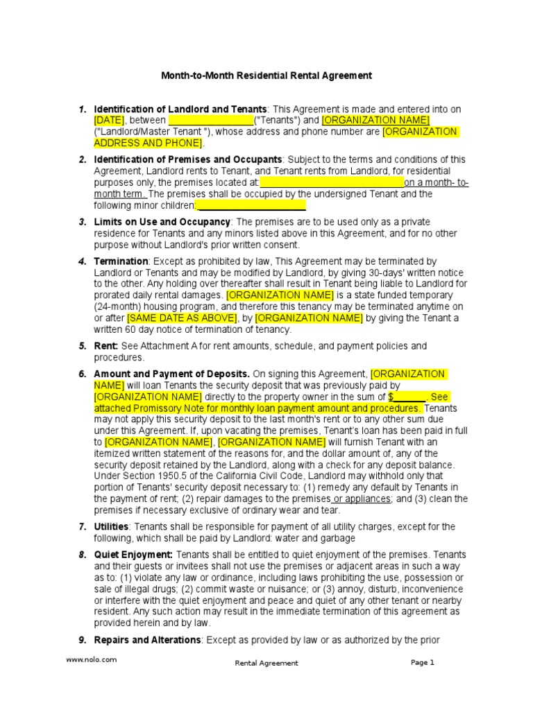 Month-to-Month Rental Agreement Template | PDF | Lease | Leasehold Estate