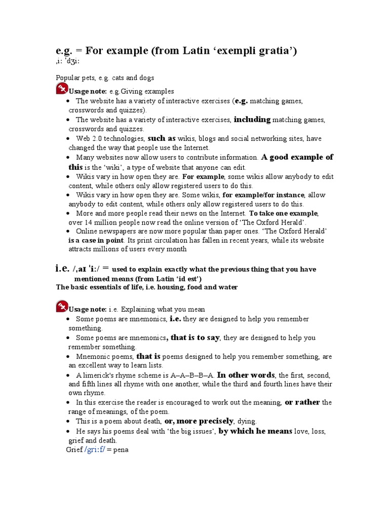 English Grammar: E.G. Versus I.E. | PDF