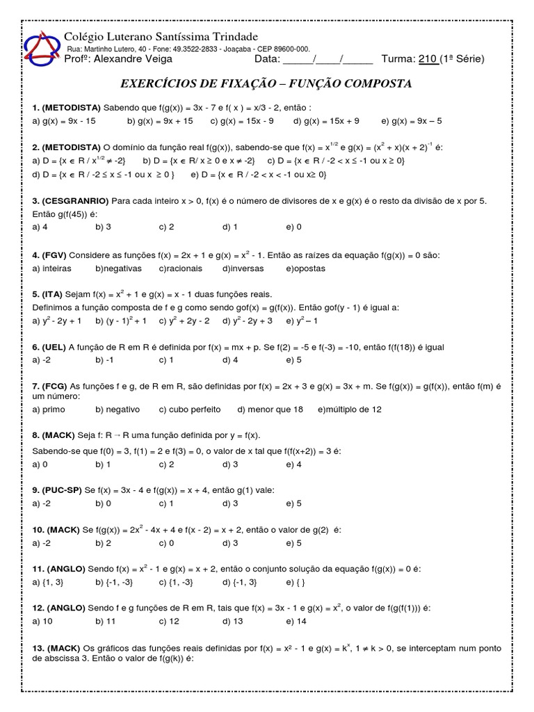 Exercícios Função Composta - Com Gabarito | PDF | Função (Matemática ...