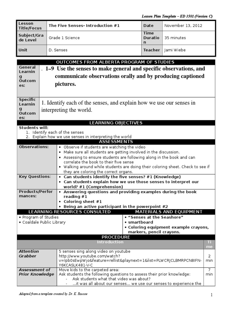Grade 1 Science: Five Senses Lesson Plan | PDF | Teaching | Cognition