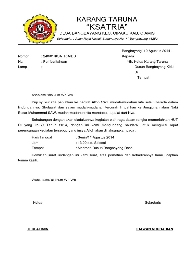 Contoh Surat Tugas Organisasi Karang Taruna  IMAGESEE