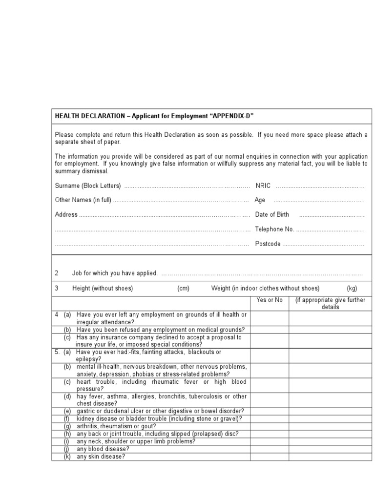 Health Declaration Form PDF Clinical Medicine Rtt