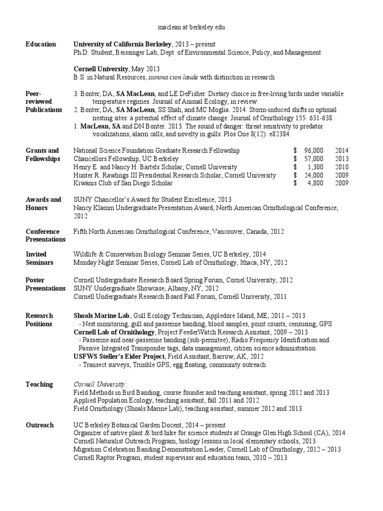 cv Cornell University Ornithology