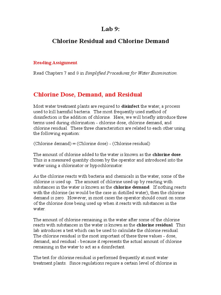 Lab 9 Chlorine Residual and Chlorine Demand PDF Chlorine Iodine