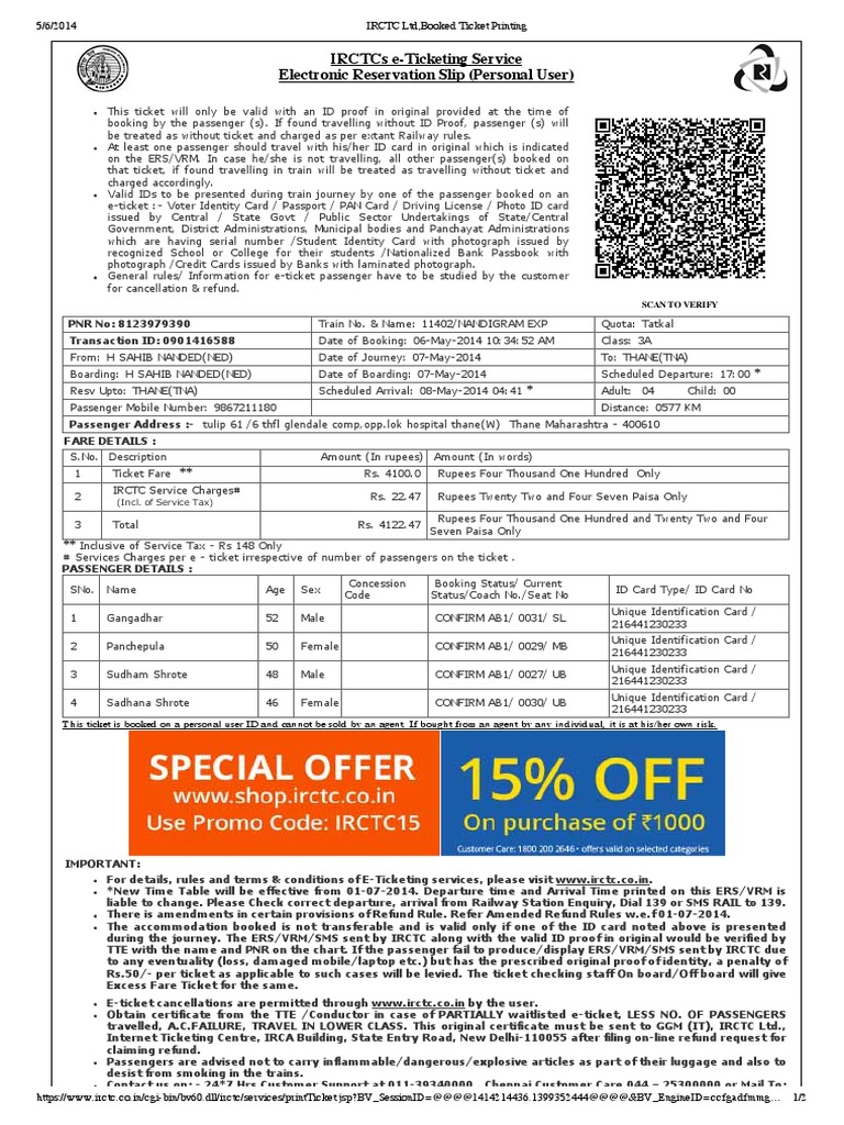 IRCTC LTD, Booked Ticket Printing | PDF | Identity Document | Ticket ...