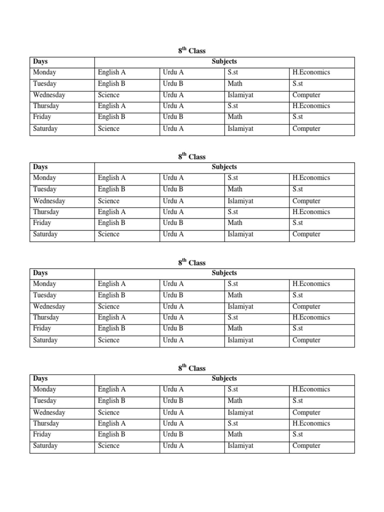 8th Class Weekly Schedule | PDF | Language Arts & Discipline