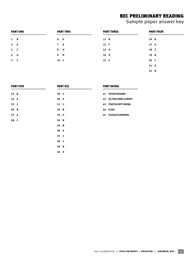BEC Preliminary Reading & Writing Answer Key | PDF | Cognition