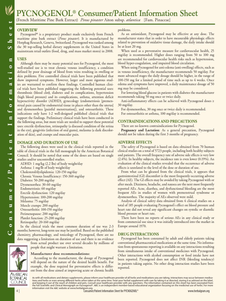 Pycnogenol Consumer/Patient Information Sheet PDF Herbalism