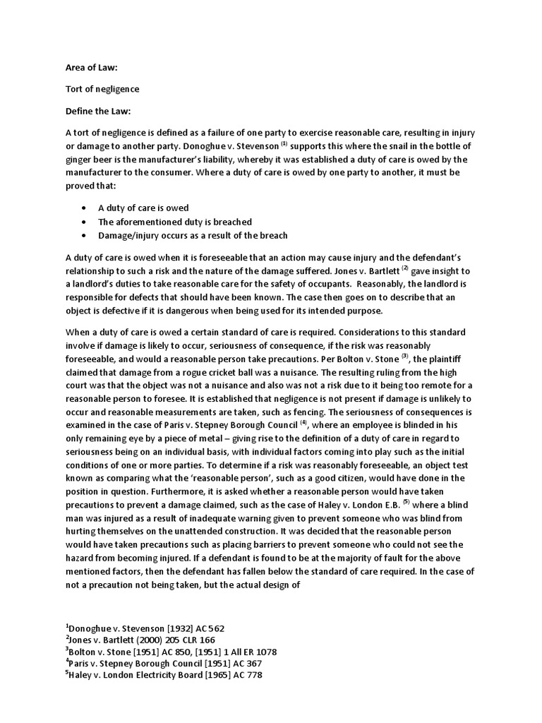 Key Cases in Tort of Negligence | PDF | Duty Of Care | Negligence