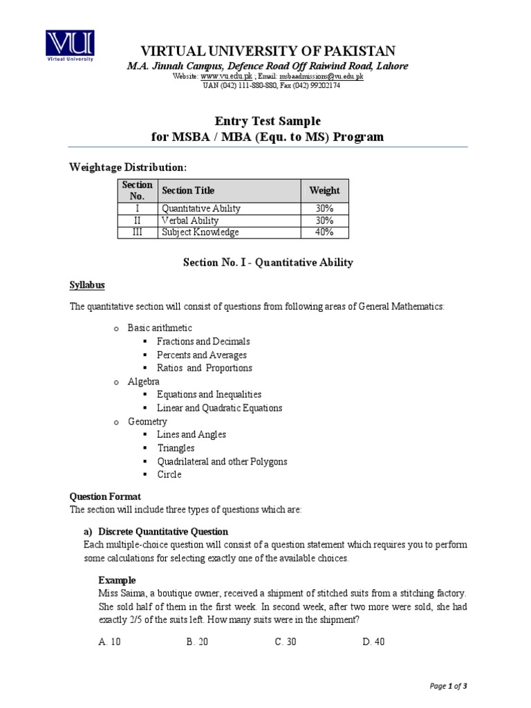 MBA Entry Test Sample Questions | PDF | Multiple Choice | Reading ...