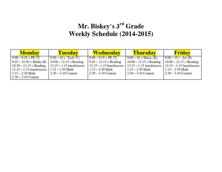 3rd Grade Weekly Schedule 2014-15 | PDF