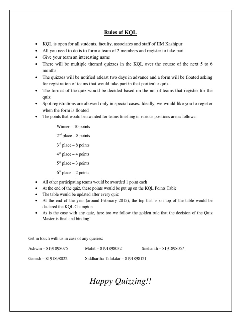 KQL Quiz Rules and Registration Guide | PDF | Career & Growth | Sports ...