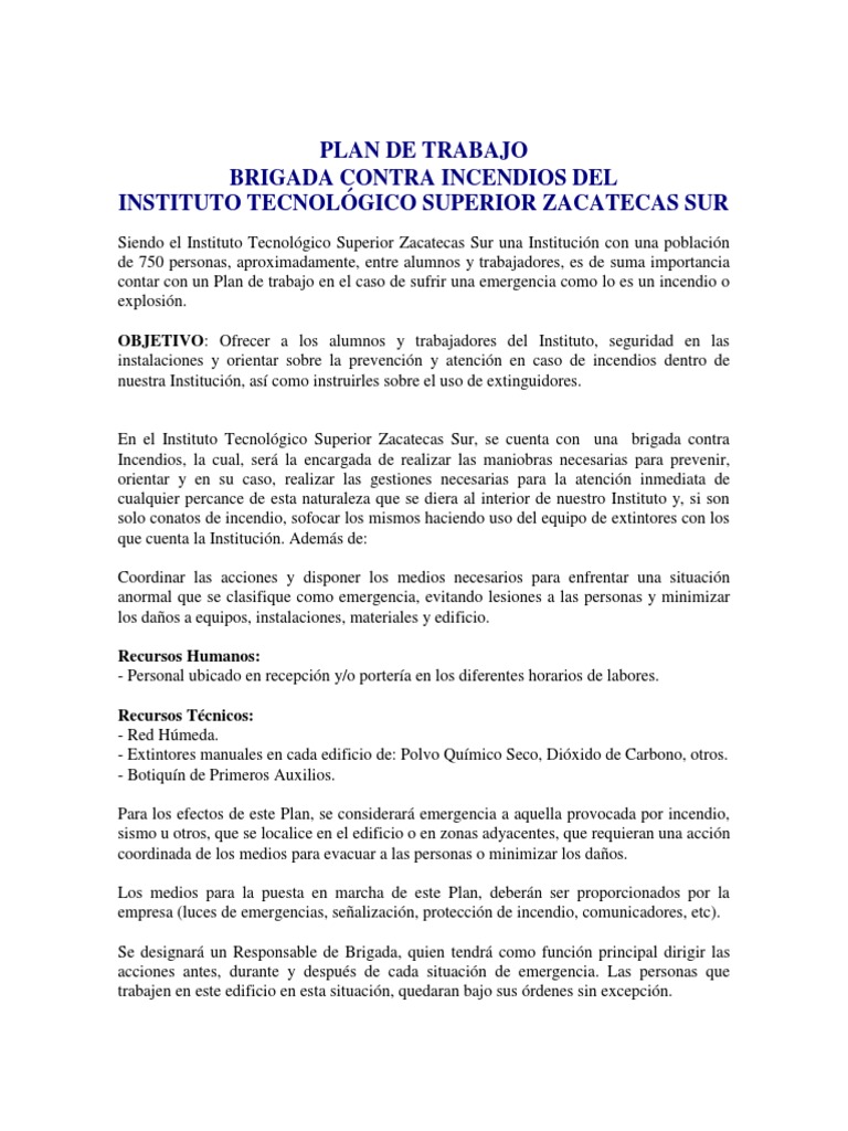 Plan de Brigada Contra Incendios ITZSS | PDF | Primeros auxilios | Bombero