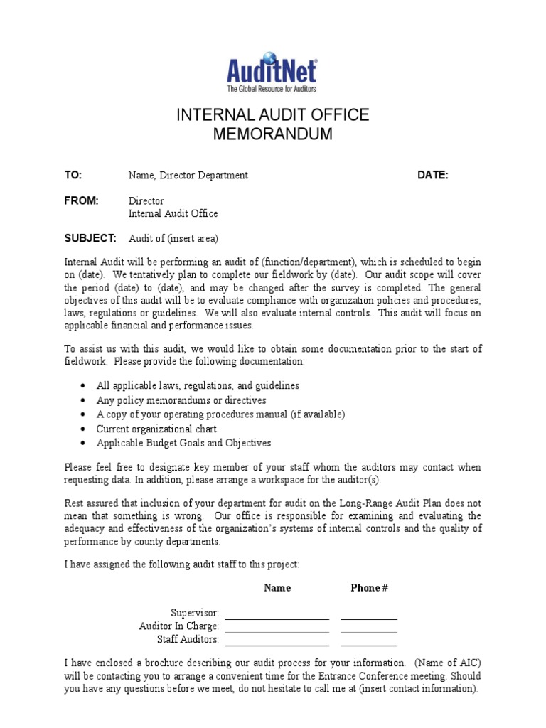 Internal Audit Notification Memo | PDF | Business | Finance & Money ...