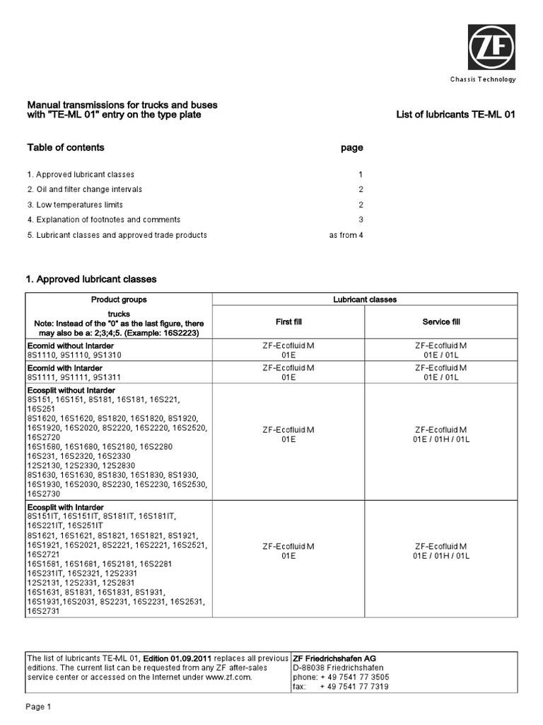 Manual Transmissions For Trucks and Buses With "TEML 01" Entry On The