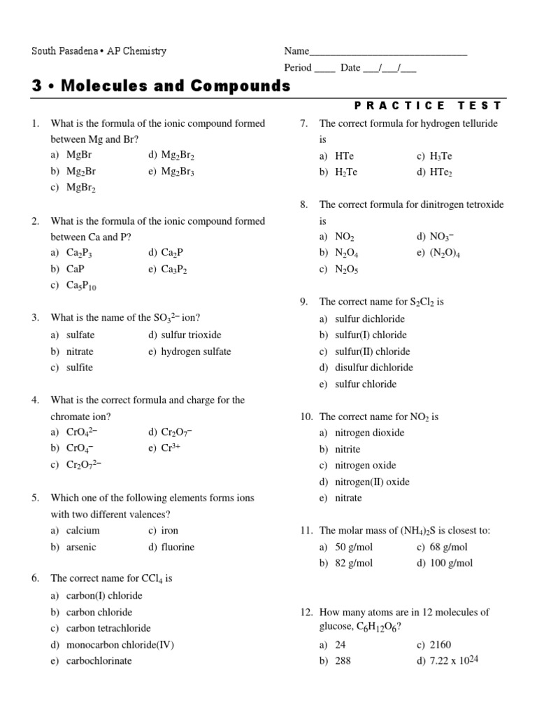 3 - Molecules and Compounds: Practice Test | PDF | Hydrogen | Oxygen