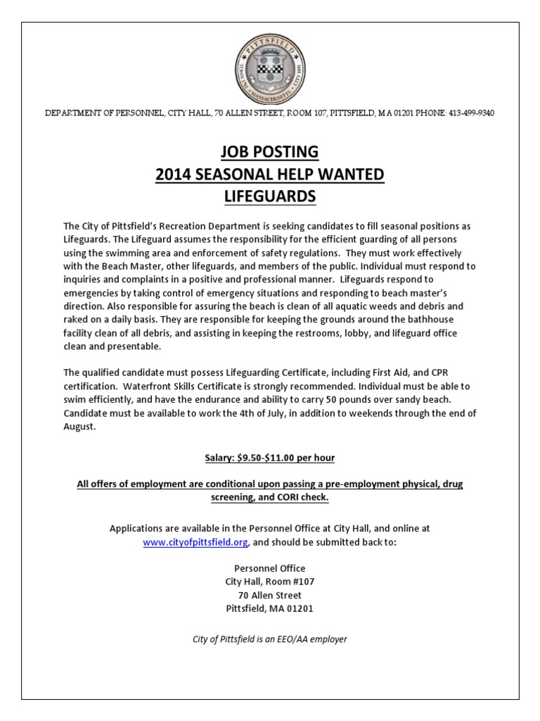 Job Posting 2014 Seasonal Help Wanted Lifeguards | PDF