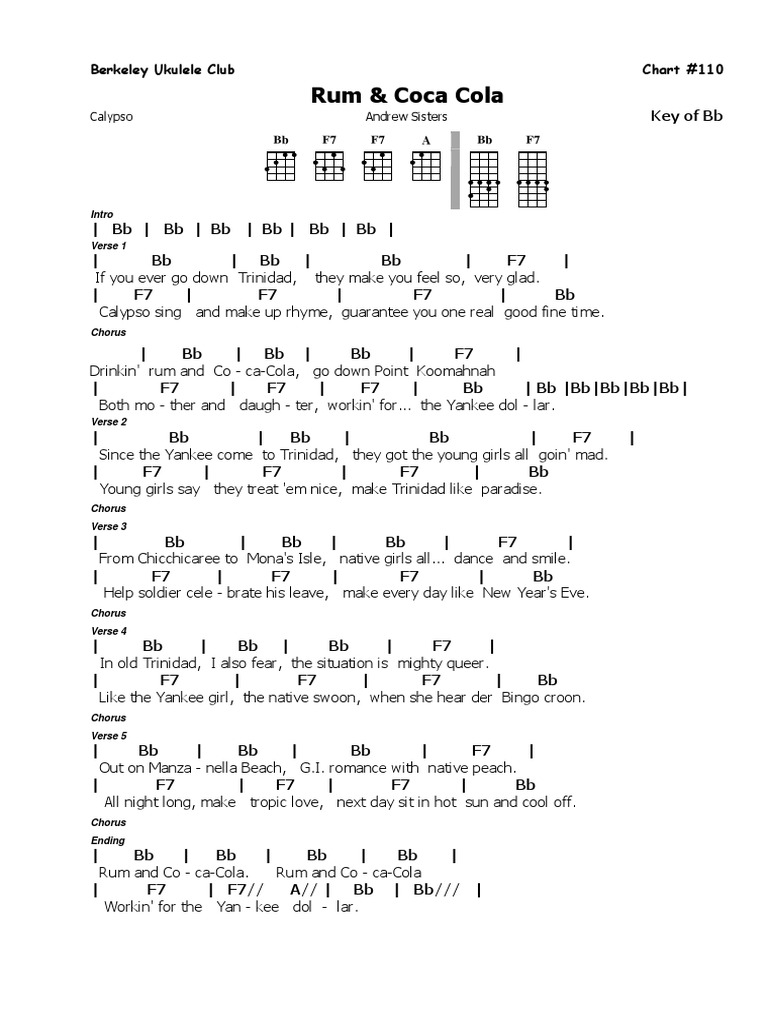 Rum & Coca Cola Berkeley Ukulele Club Chart 110 PDF Leisure