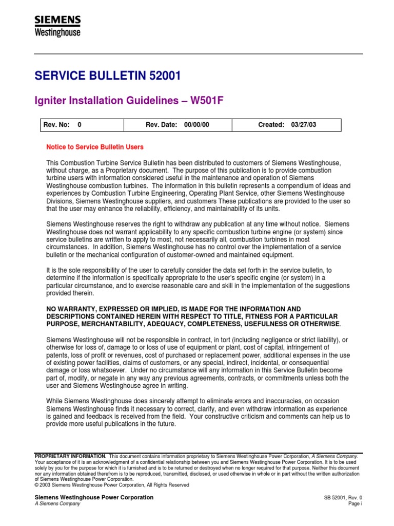Service Bulletin 52001: Igniter Installation Guidelines - W501F | PDF ...