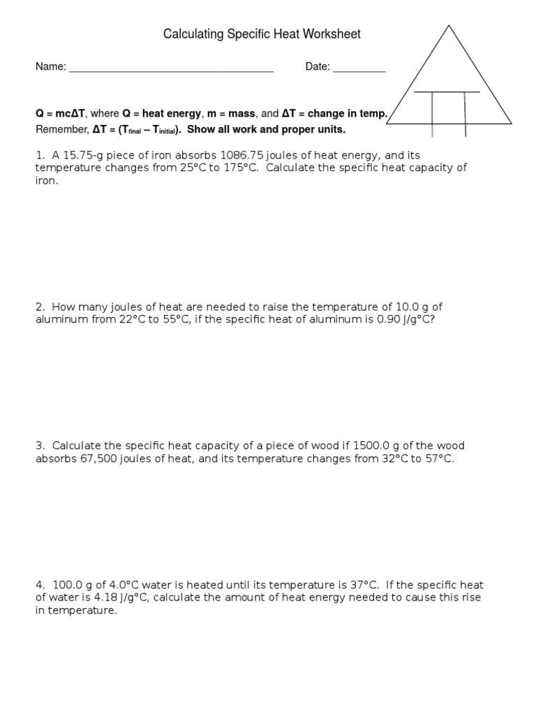 Calculating Specific Heat Worksheet | Heat Capacity | Heat