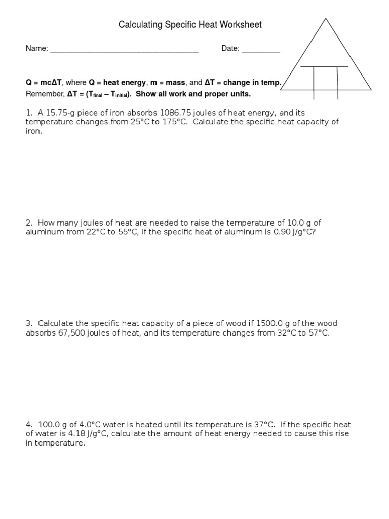 Calculating Specific Heat Worksheet  Heat Capacity  Heat For Calculating Specific Heat Worksheet