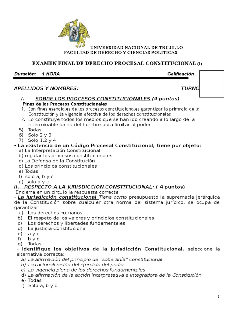 Examen Final de Derecho Procesal Constitucional | PDF | Derecho ...
