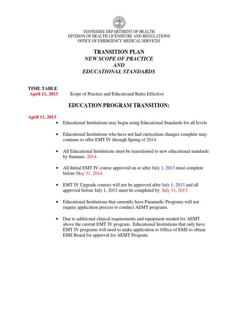 Tennessee EMS Scope and Transition Plan | PDF | Emergency Medical ...
