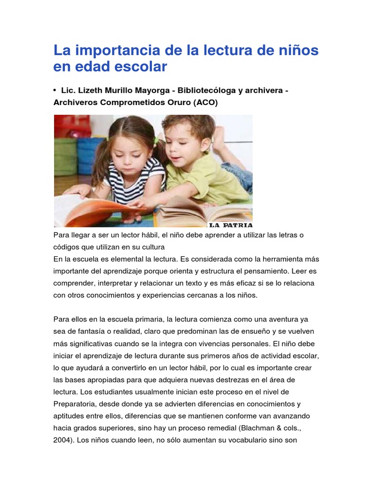 La Importancia de La Lectura de Niños en Edad Escolar | PDF | Lectura ...
