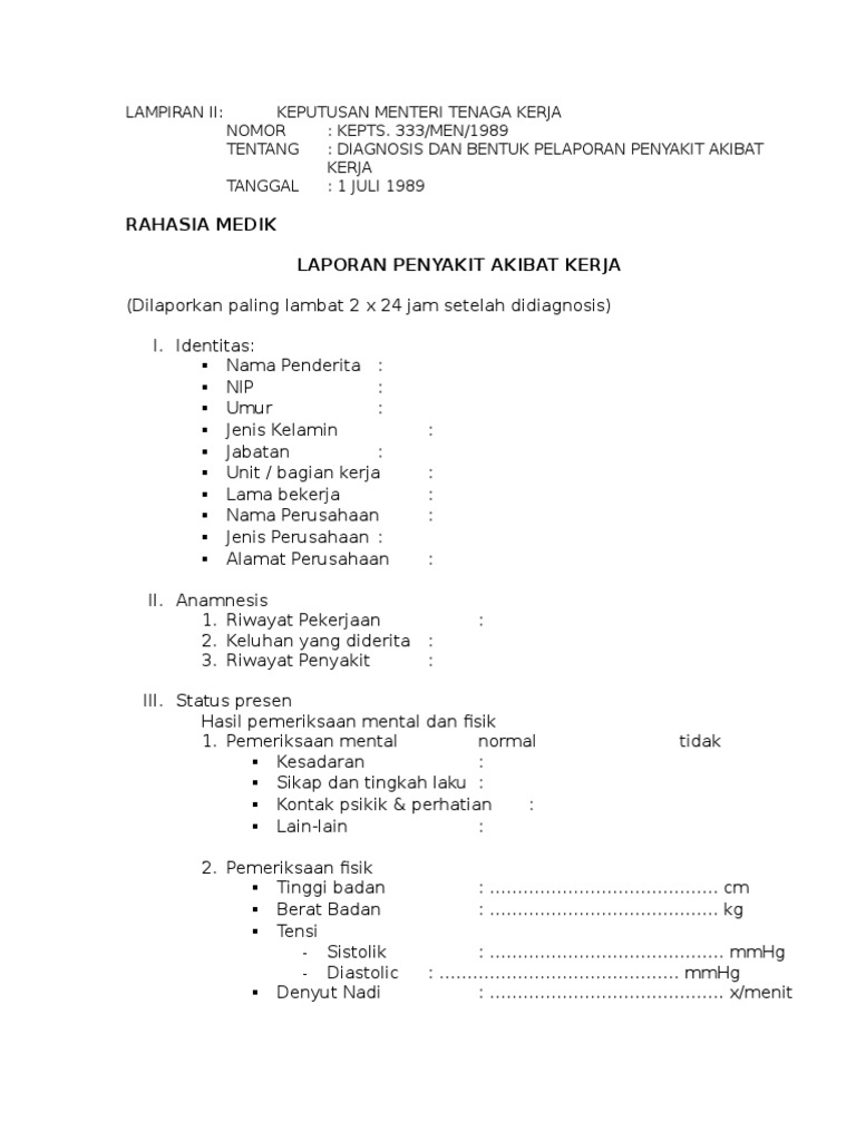 Penyakit Akibat Kerja Form Laporan Penyakit Akibat Kerja 