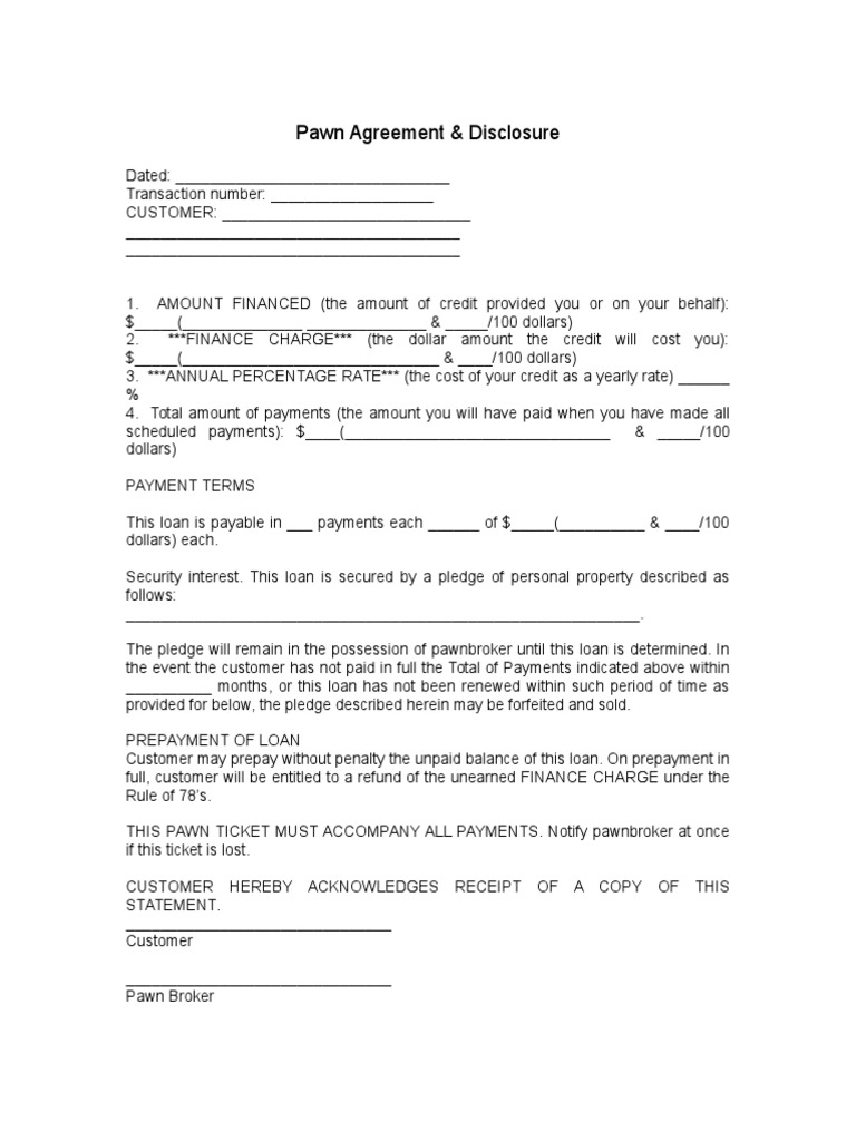 Free Pawn Agreement Template - 2023 Printable Legal Sample