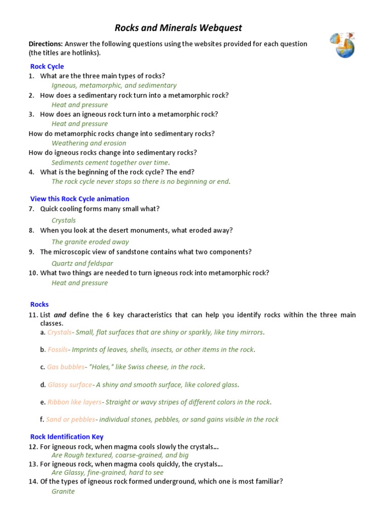 worksheet Igneous Rocks Worksheet rocks and minerals webquest 1 rock geology sedimentary rock