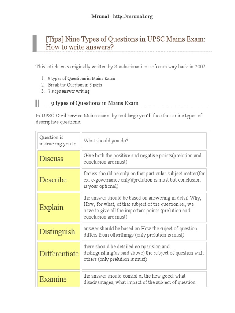 Types of Questions in UPSC Mains Exam | PDF | Question | Test (Assessment)