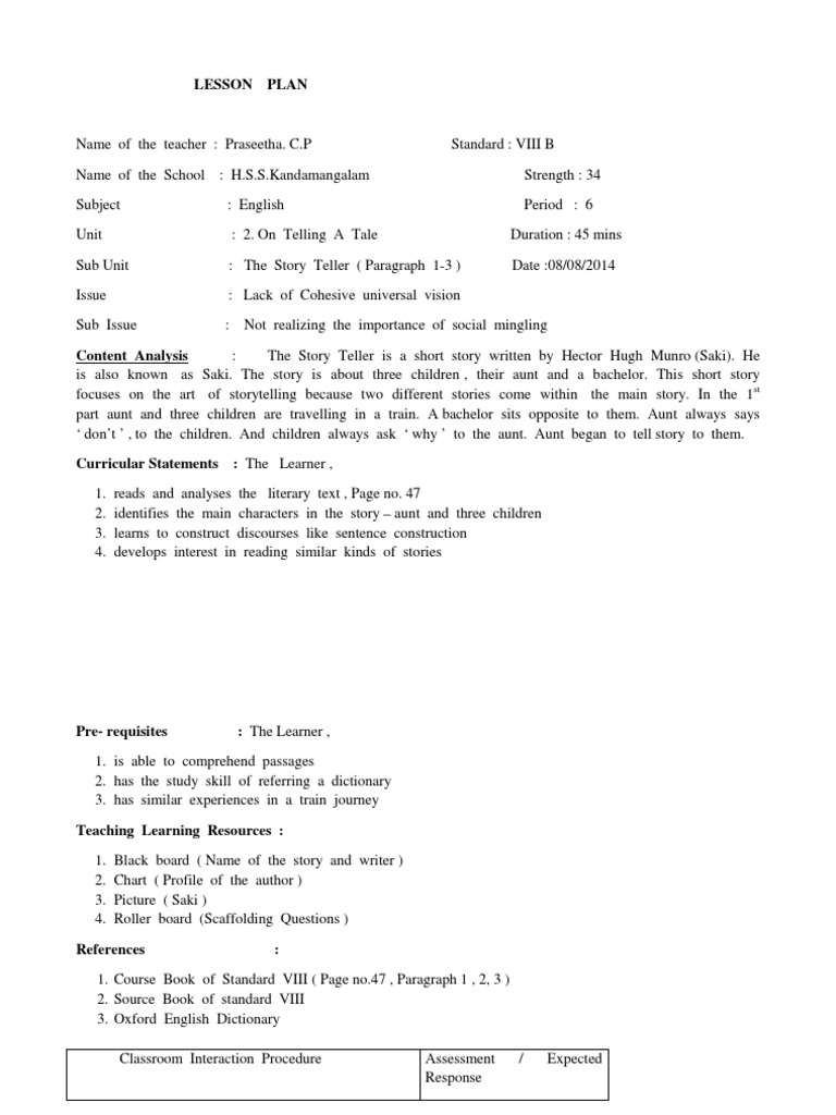 Lesson Plan for "The Story Teller" | PDF | Saki | Teachers